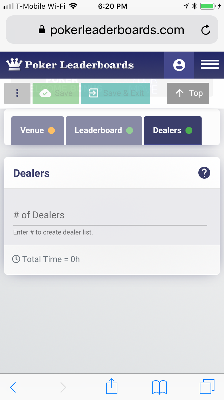 Mobile View - Add New Tournaments Dealers Tab