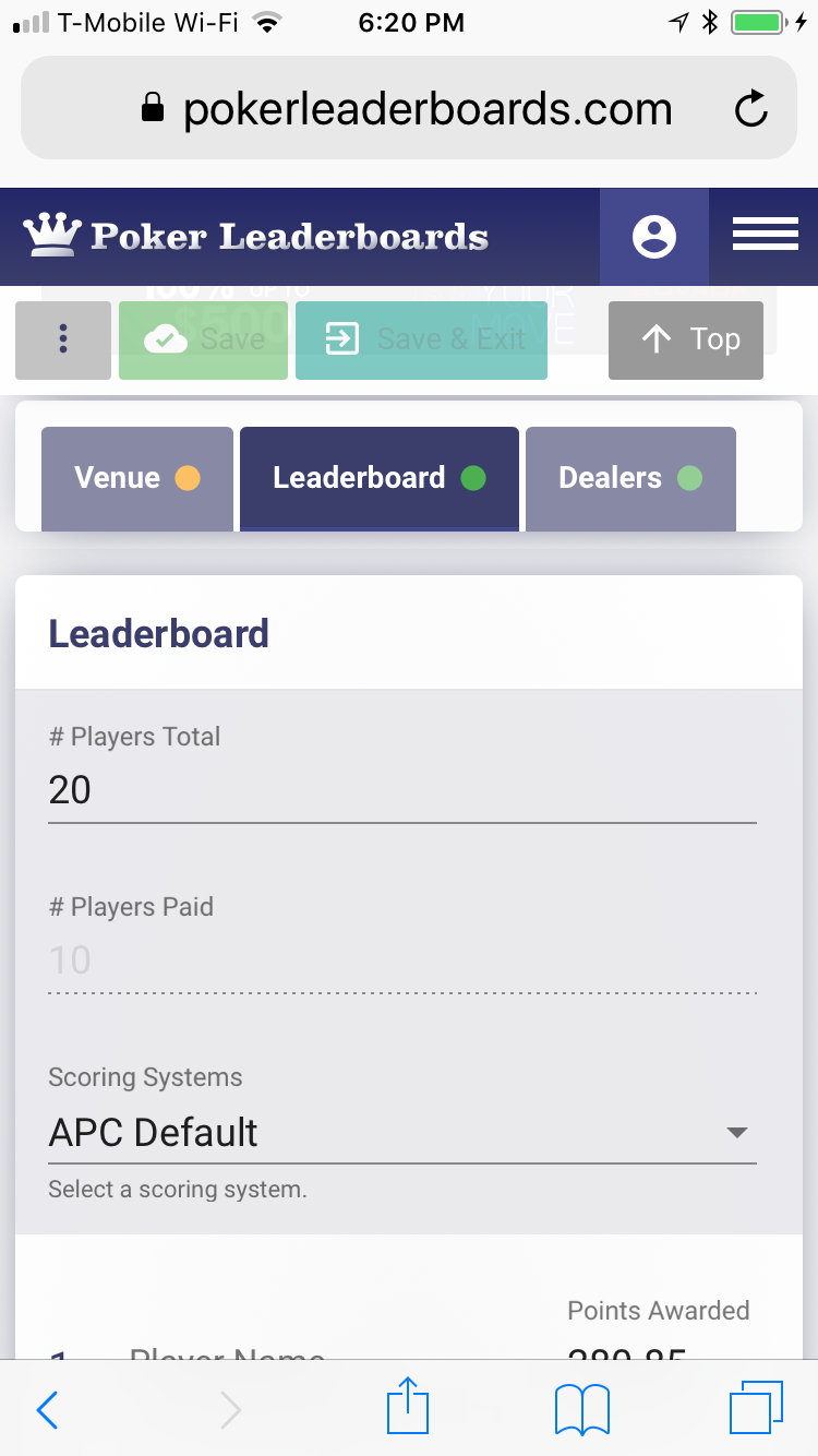 Mobile View - Add New Tournament Leaderboard Tab