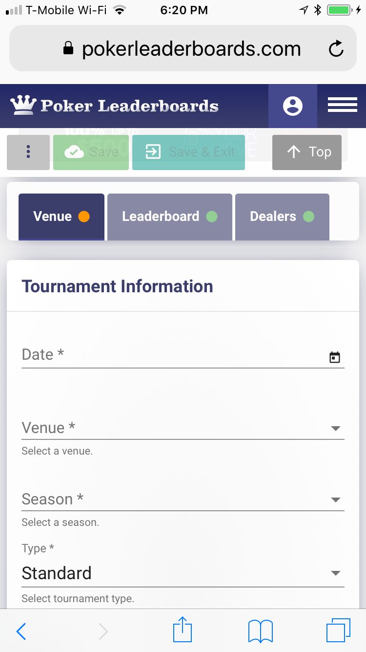 Mobile View - Add New Tournament Venue Tab